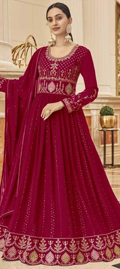 Mehendi Sangeet, Reception Red and Maroon color Salwar Kameez in Georgette fabric with Anarkali Embroidered, Resham, Thread work : 1808867