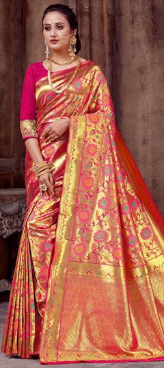 Traditional, Wedding Gold, Pink and Majenta color Saree in Banarasi Silk, Silk fabric with South Weaving work : 1809072