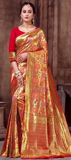Traditional, Wedding Gold color Saree in Banarasi Silk, Silk fabric with South Weaving work : 1809074