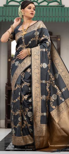 Traditional, Wedding Black and Grey color Saree in Banarasi Silk, Silk fabric with South Weaving work : 1809219