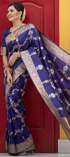 Traditional, Wedding Blue color Saree in Banarasi Silk, Silk fabric with South Weaving work : 1809220