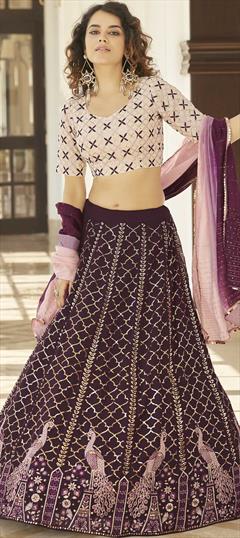 Bridal, Wedding Purple and Violet, White and Off White color Lehenga in Georgette fabric with A Line Embroidered, Sequence, Thread work : 1809225