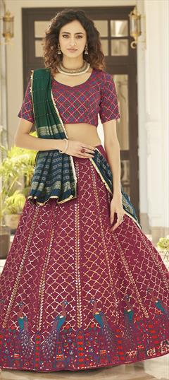 Bridal, Wedding Green, Pink and Majenta color Lehenga in Georgette fabric with A Line Embroidered, Sequence, Thread work : 1809226