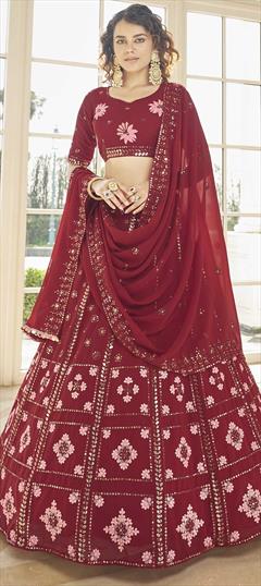 Bridal, Wedding Red and Maroon color Lehenga in Georgette fabric with A Line Embroidered, Sequence, Thread work : 1809230