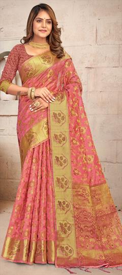 Traditional Pink and Majenta color Saree in Organza Silk, Silk fabric with South Weaving work : 1809274