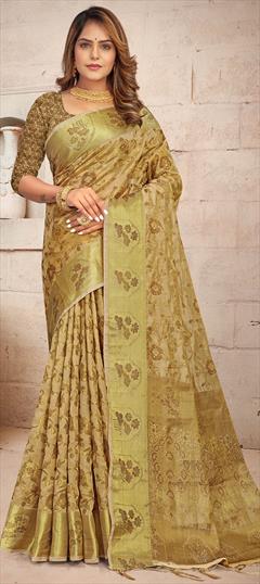 Traditional Beige and Brown color Saree in Organza Silk, Silk fabric with South Weaving work : 1809276