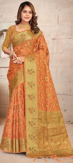 Traditional Orange color Saree in Organza Silk, Silk fabric with South Weaving work : 1809278