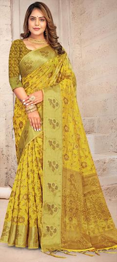 Traditional Yellow color Saree in Organza Silk, Silk fabric with South Weaving work : 1809279