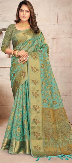 Traditional Blue color Saree in Organza Silk, Silk fabric with South Weaving work : 1809280