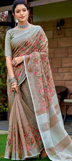 Traditional Beige and Brown color Saree in Linen fabric with Bengali Resham, Thread work : 1809304