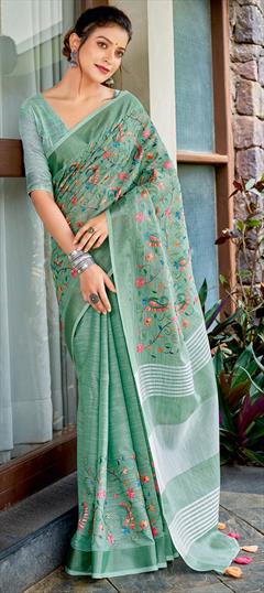 Traditional Blue color Saree in Linen fabric with Bengali Resham, Thread work : 1809308
