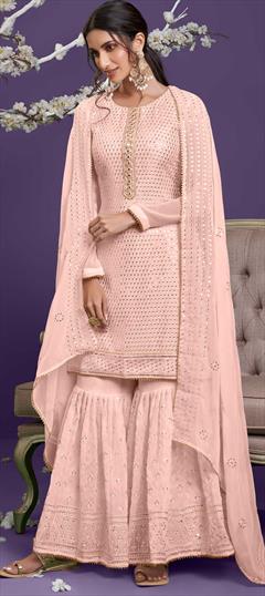 Engagement, Reception Pink and Majenta color Salwar Kameez in Georgette fabric with Sharara Embroidered, Sequence, Thread work : 1809350