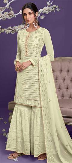Engagement, Reception White and Off White color Salwar Kameez in Georgette fabric with Sharara Embroidered, Sequence, Thread work : 1809356
