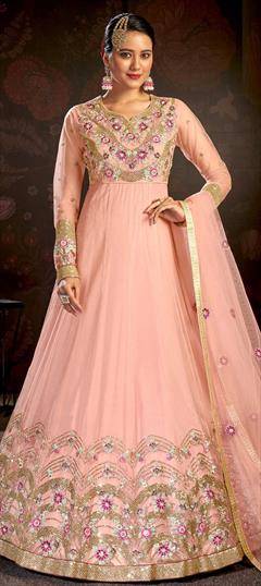Mehendi Sangeet, Reception Pink and Majenta color Salwar Kameez in Net fabric with Anarkali Embroidered, Resham, Sequence, Thread, Zari work : 1809372