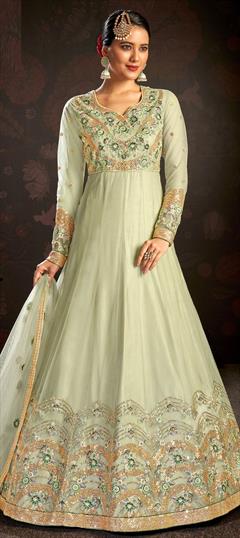 Mehendi Sangeet, Reception Green color Salwar Kameez in Net fabric with Anarkali Embroidered, Resham, Sequence, Thread, Zari work : 1809380