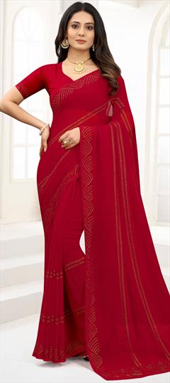 Festive, Party Wear Red and Maroon color Saree in Chiffon fabric with Classic Stone, Swarovski work : 1809462