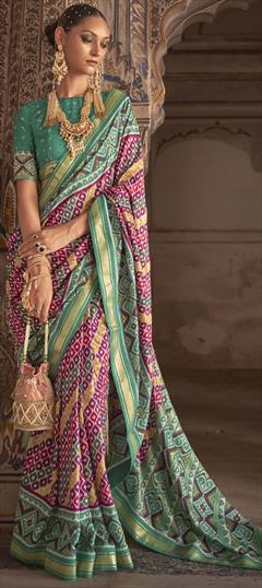 Traditional Green, Pink and Majenta color Saree in Patola Silk, Silk fabric with South Stone work : 1809533
