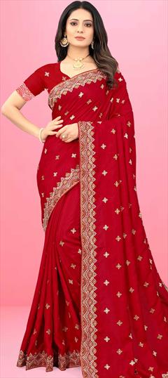 Traditional, Wedding Red and Maroon color Saree in Art Silk, Silk fabric with South Embroidered, Thread work : 1809775