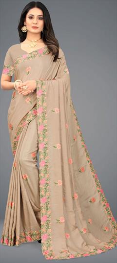 Traditional Beige and Brown color Saree in Art Silk, Silk fabric with South Embroidered, Thread work : 1809783