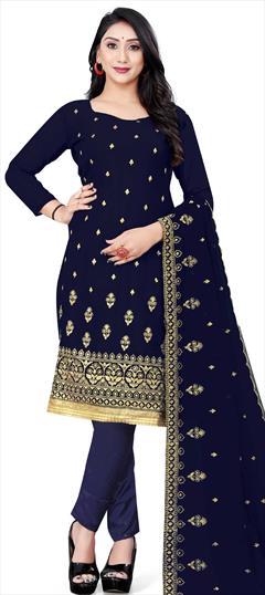 Casual Blue color Salwar Kameez in Faux Georgette fabric with Straight Embroidered, Thread, Zari work : 1809905