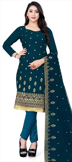 Casual Blue color Salwar Kameez in Faux Georgette fabric with Straight Embroidered, Thread, Zari work : 1809906
