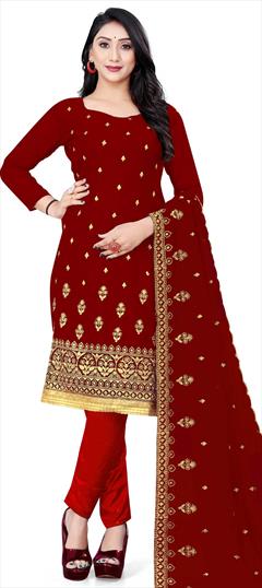 Casual Red and Maroon color Salwar Kameez in Faux Georgette fabric with Straight Embroidered, Thread, Zari work : 1809907