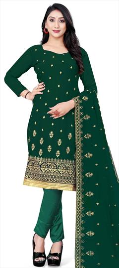 Casual Green color Salwar Kameez in Faux Georgette fabric with Straight Embroidered, Thread, Zari work : 1809908