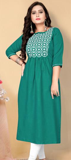 Casual Green color Kurti in Cotton fabric with A Line, Long Sleeve Embroidered, Resham, Thread work : 1809930