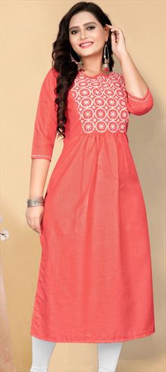 Casual Pink and Majenta color Kurti in Cotton fabric with A Line, Long Sleeve Embroidered, Resham, Thread work : 1809931
