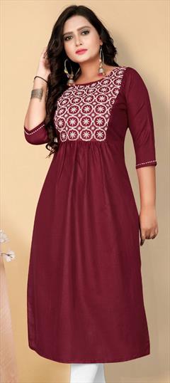 Casual Red and Maroon color Kurti in Cotton fabric with A Line, Long Sleeve Embroidered, Resham, Thread work : 1809932