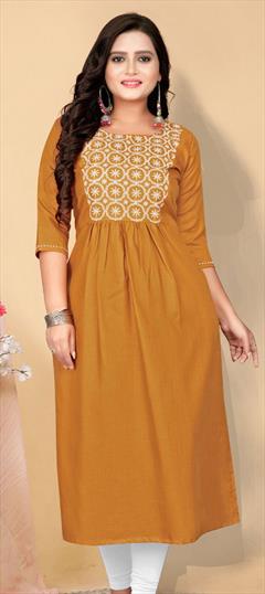 Casual Beige and Brown color Kurti in Cotton fabric with A Line, Long Sleeve Embroidered, Resham, Thread work : 1809934