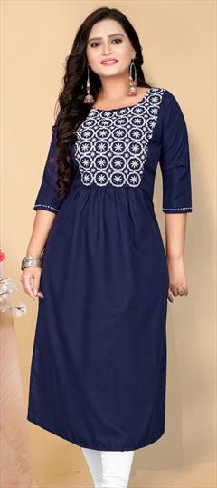 Casual Blue color Kurti in Cotton fabric with A Line, Long Sleeve Embroidered, Resham, Thread work : 1809940