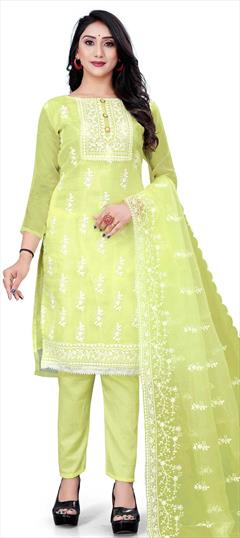 Casual, Party Wear Green color Salwar Kameez in Organza Silk fabric with Straight Embroidered, Thread work : 1809961