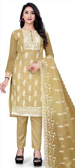 Casual, Party Wear Beige and Brown color Salwar Kameez in Organza Silk fabric with Straight Embroidered, Thread work : 1809962
