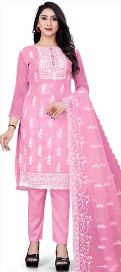 Casual, Party Wear Pink and Majenta color Salwar Kameez in Organza Silk fabric with Straight Embroidered, Thread work : 1809965