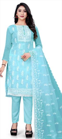 Casual, Party Wear Blue color Salwar Kameez in Organza Silk fabric with Straight Embroidered, Thread work : 1809967