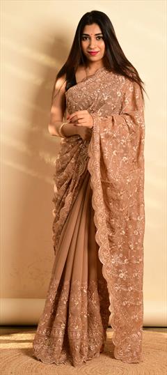 Festive, Party Wear Beige and Brown color Saree in Georgette fabric with Classic Embroidered, Resham, Thread work : 1810014