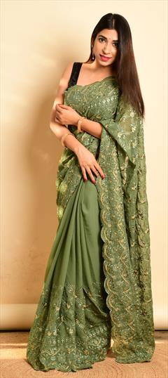 Festive, Party Wear Green color Saree in Georgette fabric with Classic Embroidered, Resham, Thread work : 1810016