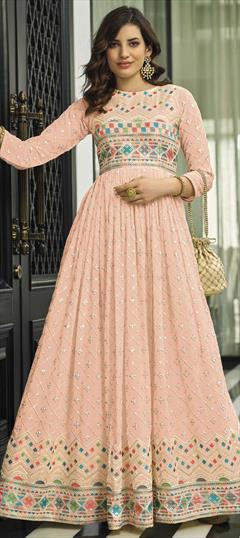 Festive, Reception Pink and Majenta color Gown in Georgette fabric with Embroidered, Resham, Sequence, Thread work : 1810157