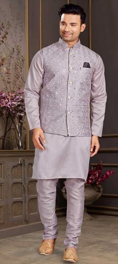 Purple and Violet color Kurta Pyjama with Jacket in Milan Silk fabric with Embroidered, Mirror, Thread work : 1810186