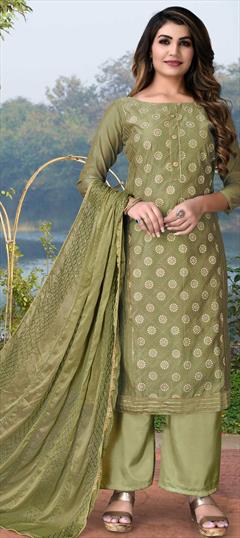 Party Wear Green color Salwar Kameez in Chanderi Silk fabric with Straight Gota Patti, Thread work : 1810367