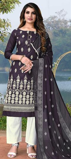 Party Wear Purple and Violet color Salwar Kameez in Cotton fabric with Straight Embroidered, Resham, Thread work : 1810371