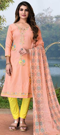 Party Wear Pink and Majenta color Salwar Kameez in Cotton fabric with Straight Embroidered, Resham, Thread work : 1810373