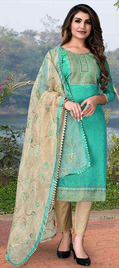 Party Wear Blue color Salwar Kameez in Chanderi Silk fabric with Straight Embroidered, Resham, Thread work : 1810374