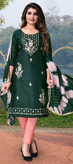 Party Wear Green color Salwar Kameez in Cotton fabric with Straight Embroidered, Resham, Thread work : 1810381