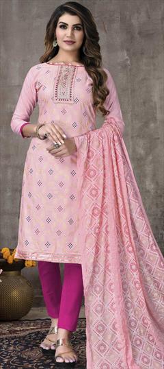 Festive, Party Wear Pink and Majenta color Salwar Kameez in Cotton fabric with Straight Embroidered, Printed, Thread work : 1810385