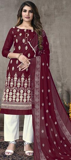 Festive, Party Wear Red and Maroon color Salwar Kameez in Cotton fabric with Straight Embroidered, Resham, Thread work : 1810395