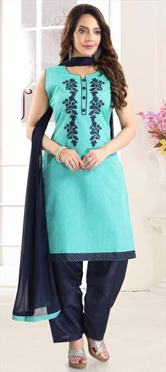 Party Wear Blue color Salwar Kameez in Chanderi Silk fabric with Straight Embroidered, Resham, Thread work : 1810424