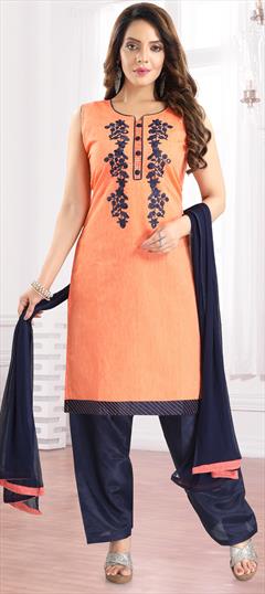 Party Wear Orange color Salwar Kameez in Chanderi Silk fabric with Straight Embroidered, Resham, Thread work : 1810425
