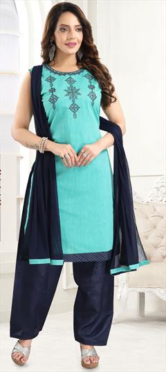 Party Wear Blue color Salwar Kameez in Chanderi Silk fabric with Straight Embroidered, Resham, Thread work : 1810434
